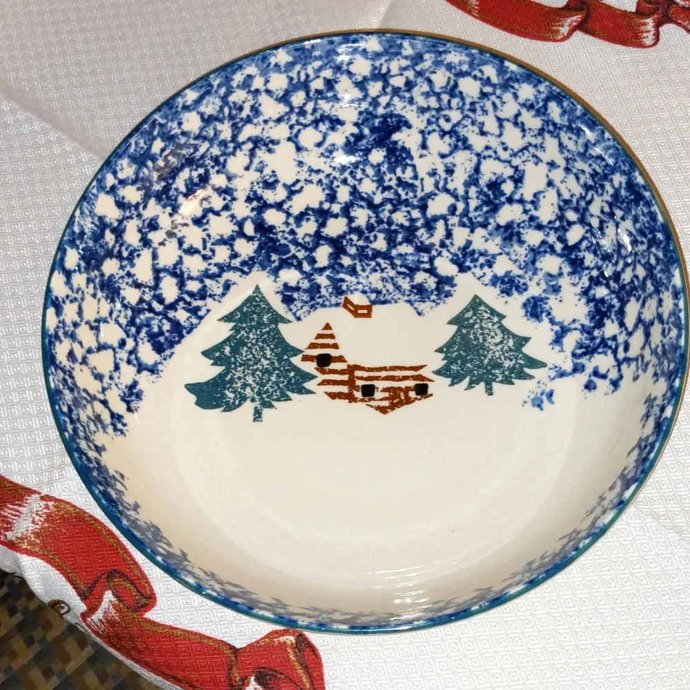 Vtg Serving Bowl Folk Craft Cabin In The Snow 9